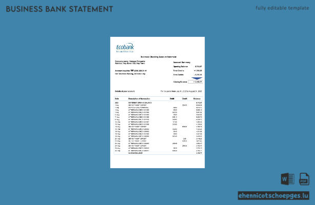 Senegal Ecobank Unternehmenskontoauszug Word- und PDF-Beispielvorschau